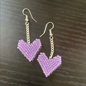 Purple Beaded Heart Earrings